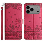 고양이 엠보싱 패턴 가죽 휴대폰 케이스와 스트랩, iPhone 16e / 17e용, iPhone 17 Pro Max용, iPhone 17 Pro용, iPhone 17용, iPhone Air용, iPhone 16 Pro Max용, iPhone 16 Pro용, iPhone 16 Plus용, iPhone 16용