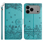 고양이 엠보싱 패턴 가죽 휴대폰 케이스와 스트랩, iPhone 16e / 17e용, iPhone 17 Pro Max용, iPhone 17 Pro용, iPhone 17용, iPhone Air용, iPhone 16 Pro Max용, iPhone 16 Pro용, iPhone 16 Plus용, iPhone 16용