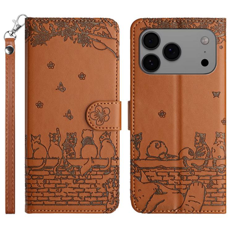 고양이 엠보싱 패턴 가죽 휴대폰 케이스와 스트랩, iPhone 16e / 17e용, iPhone 17 Pro Max용, iPhone 17 Pro용, iPhone 17용, iPhone Air용, iPhone 16 Pro Max용, iPhone 16 Pro용, iPhone 16 Plus용, iPhone 16용