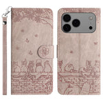고양이 엠보싱 패턴 가죽 휴대폰 케이스와 스트랩, iPhone 16e / 17e용, iPhone 17 Pro Max용, iPhone 17 Pro용, iPhone 17용, iPhone Air용, iPhone 16 Pro Max용, iPhone 16 Pro용, iPhone 16 Plus용, iPhone 16용