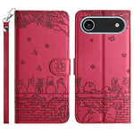 고양이 엠보싱 패턴 가죽 휴대폰 케이스와 스트랩, iPhone 16e / 17e용, iPhone 17 Pro Max용, iPhone 17 Pro용, iPhone 17용, iPhone Air용, iPhone 16 Pro Max용, iPhone 16 Pro용, iPhone 16 Plus용, iPhone 16용