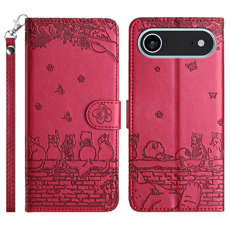 고양이 엠보싱 패턴 가죽 휴대폰 케이스와 스트랩, iPhone 16e / 17e용, iPhone 17 Pro Max용, iPhone 17 Pro용, iPhone 17용, iPhone Air용, iPhone 16 Pro Max용, iPhone 16 Pro용, iPhone 16 Plus용, iPhone 16용