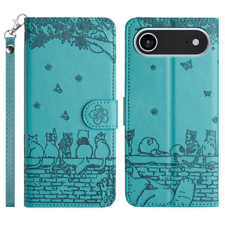 고양이 엠보싱 패턴 가죽 휴대폰 케이스와 스트랩, iPhone 16e / 17e용, iPhone 17 Pro Max용, iPhone 17 Pro용, iPhone 17용, iPhone Air용, iPhone 16 Pro Max용, iPhone 16 Pro용, iPhone 16 Plus용, iPhone 16용