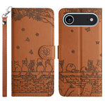 고양이 엠보싱 패턴 가죽 휴대폰 케이스와 스트랩, iPhone 16e / 17e용, iPhone 17 Pro Max용, iPhone 17 Pro용, iPhone 17용, iPhone Air용, iPhone 16 Pro Max용, iPhone 16 Pro용, iPhone 16 Plus용, iPhone 16용