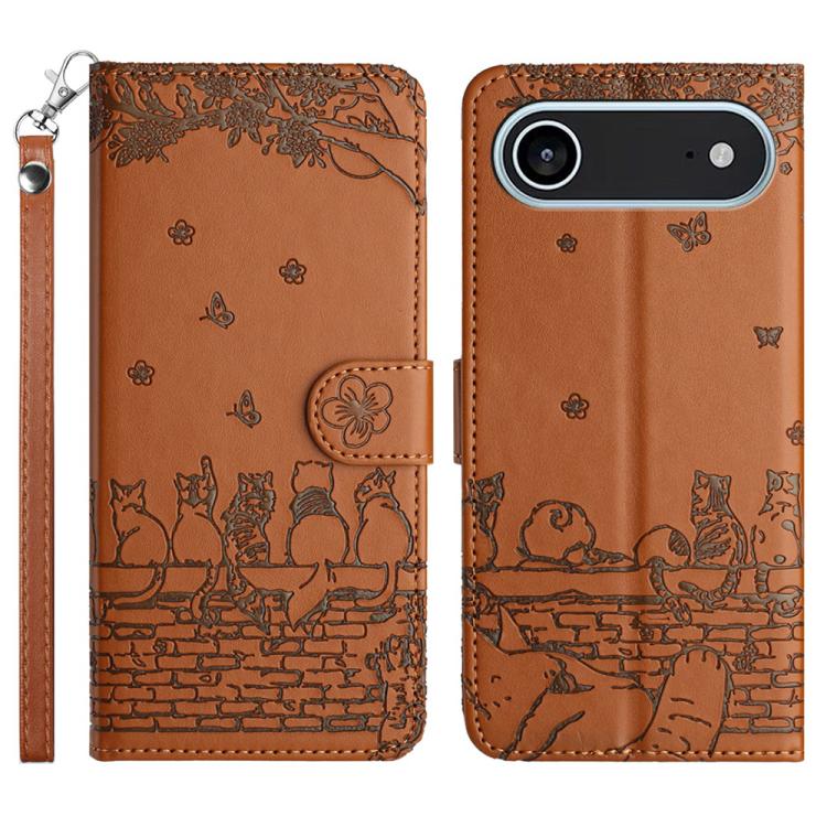 고양이 엠보싱 패턴 가죽 휴대폰 케이스와 스트랩, iPhone 16e / 17e용, iPhone 17 Pro Max용, iPhone 17 Pro용, iPhone 17용, iPhone Air용, iPhone 16 Pro Max용, iPhone 16 Pro용, iPhone 16 Plus용, iPhone 16용