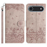 고양이 엠보싱 패턴 가죽 휴대폰 케이스와 스트랩, iPhone 16e / 17e용, iPhone 17 Pro Max용, iPhone 17 Pro용, iPhone 17용, iPhone Air용, iPhone 16 Pro Max용, iPhone 16 Pro용, iPhone 16 Plus용, iPhone 16용