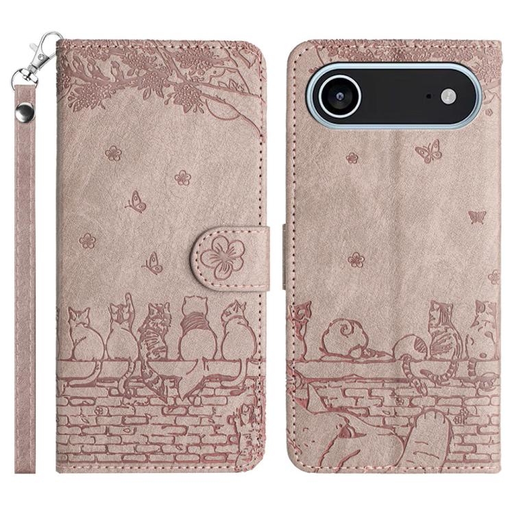 고양이 엠보싱 패턴 가죽 휴대폰 케이스와 스트랩, iPhone 16e / 17e용, iPhone 17 Pro Max용, iPhone 17 Pro용, iPhone 17용, iPhone Air용, iPhone 16 Pro Max용, iPhone 16 Pro용, iPhone 16 Plus용, iPhone 16용