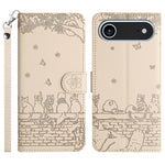 고양이 엠보싱 패턴 가죽 휴대폰 케이스와 스트랩, iPhone 16e / 17e용, iPhone 17 Pro Max용, iPhone 17 Pro용, iPhone 17용, iPhone Air용, iPhone 16 Pro Max용, iPhone 16 Pro용, iPhone 16 Plus용, iPhone 16용