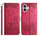 고양이 엠보싱 패턴 가죽 휴대폰 케이스와 스트랩, iPhone 16e / 17e용, iPhone 17 Pro Max용, iPhone 17 Pro용, iPhone 17용, iPhone Air용, iPhone 16 Pro Max용, iPhone 16 Pro용, iPhone 16 Plus용, iPhone 16용