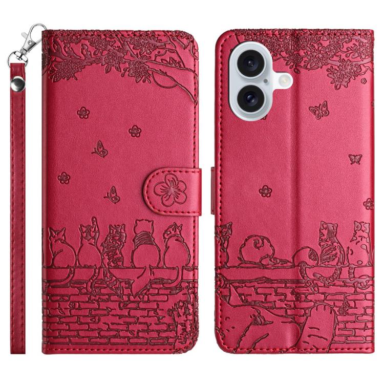 고양이 엠보싱 패턴 가죽 휴대폰 케이스와 스트랩, iPhone 16e / 17e용, iPhone 17 Pro Max용, iPhone 17 Pro용, iPhone 17용, iPhone Air용, iPhone 16 Pro Max용, iPhone 16 Pro용, iPhone 16 Plus용, iPhone 16용