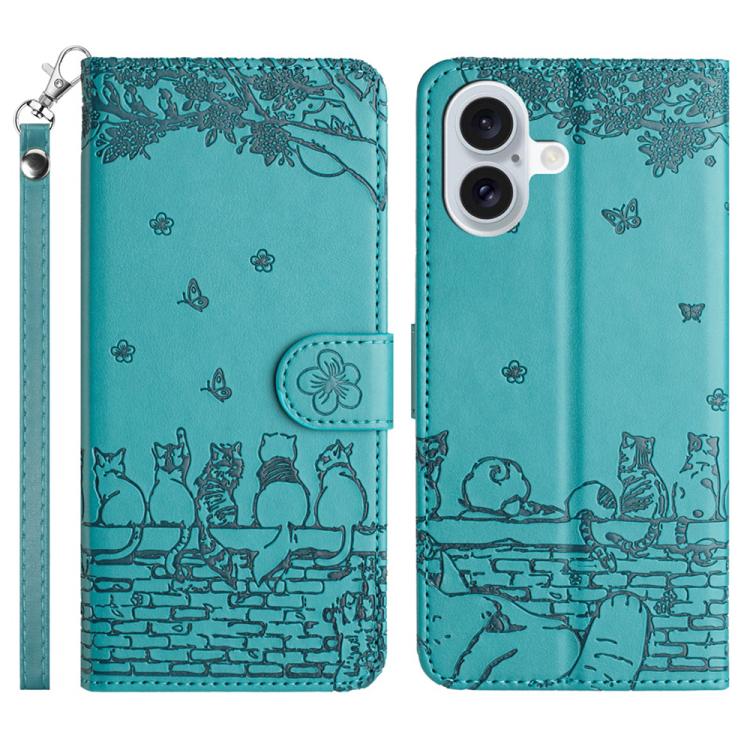 고양이 엠보싱 패턴 가죽 휴대폰 케이스와 스트랩, iPhone 16e / 17e용, iPhone 17 Pro Max용, iPhone 17 Pro용, iPhone 17용, iPhone Air용, iPhone 16 Pro Max용, iPhone 16 Pro용, iPhone 16 Plus용, iPhone 16용