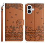 고양이 엠보싱 패턴 가죽 휴대폰 케이스와 스트랩, iPhone 16e / 17e용, iPhone 17 Pro Max용, iPhone 17 Pro용, iPhone 17용, iPhone Air용, iPhone 16 Pro Max용, iPhone 16 Pro용, iPhone 16 Plus용, iPhone 16용