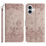 고양이 엠보싱 패턴 가죽 휴대폰 케이스와 스트랩, iPhone 16e / 17e용, iPhone 17 Pro Max용, iPhone 17 Pro용, iPhone 17용, iPhone Air용, iPhone 16 Pro Max용, iPhone 16 Pro용, iPhone 16 Plus용, iPhone 16용