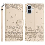 고양이 엠보싱 패턴 가죽 휴대폰 케이스와 스트랩, iPhone 16e / 17e용, iPhone 17 Pro Max용, iPhone 17 Pro용, iPhone 17용, iPhone Air용, iPhone 16 Pro Max용, iPhone 16 Pro용, iPhone 16 Plus용, iPhone 16용