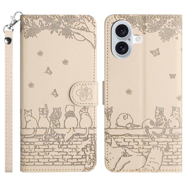 고양이 엠보싱 패턴 가죽 휴대폰 케이스와 스트랩, iPhone 16e / 17e용, iPhone 17 Pro Max용, iPhone 17 Pro용, iPhone 17용, iPhone Air용, iPhone 16 Pro Max용, iPhone 16 Pro용, iPhone 16 Plus용, iPhone 16용