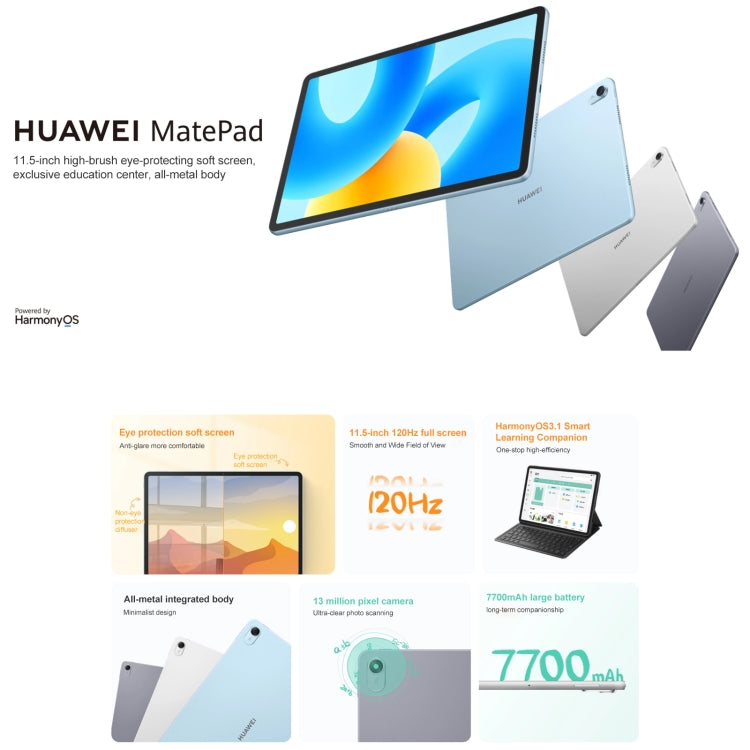 HUAWEI MatePad 11.5인치 2023 WIFI, HarmonyOS 3.1 퀄컴 스냅드래곤 7 Gen 1 옥타 코어, 구글 플레이 미지원, 8GB+128GB, 8GB+256GB, 8GB+128GB 디퓨즈 스크린, 8GB+256GB 디퓨즈 스크린
