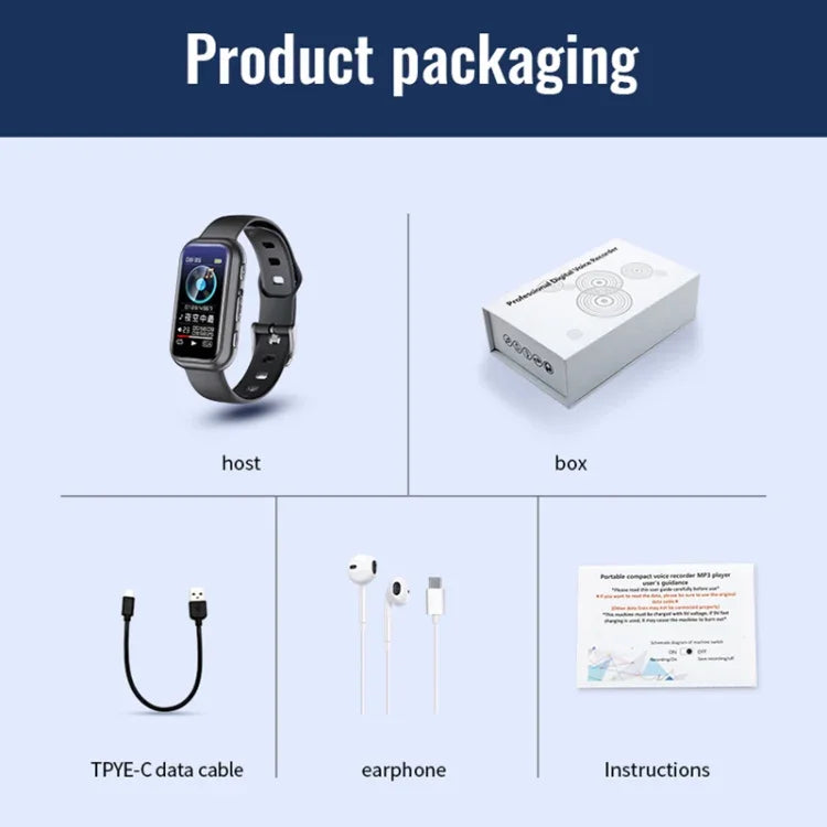 JNN S16 스마트 HD 노이즈 감소 블루투스 MP3 음성 제어 녹음 팔찌, 4GB, 8GB, 16GB, 32GB, 64GB