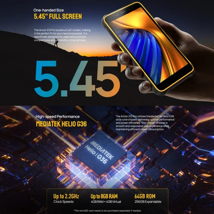 Ulefone Armor X12 Pro, IP68/IP69K Rugged Phone, 5.45 inch Android 15 MediaTek Helio G36 Octa Core, Network: 4G, NFC, 4GB+64GB