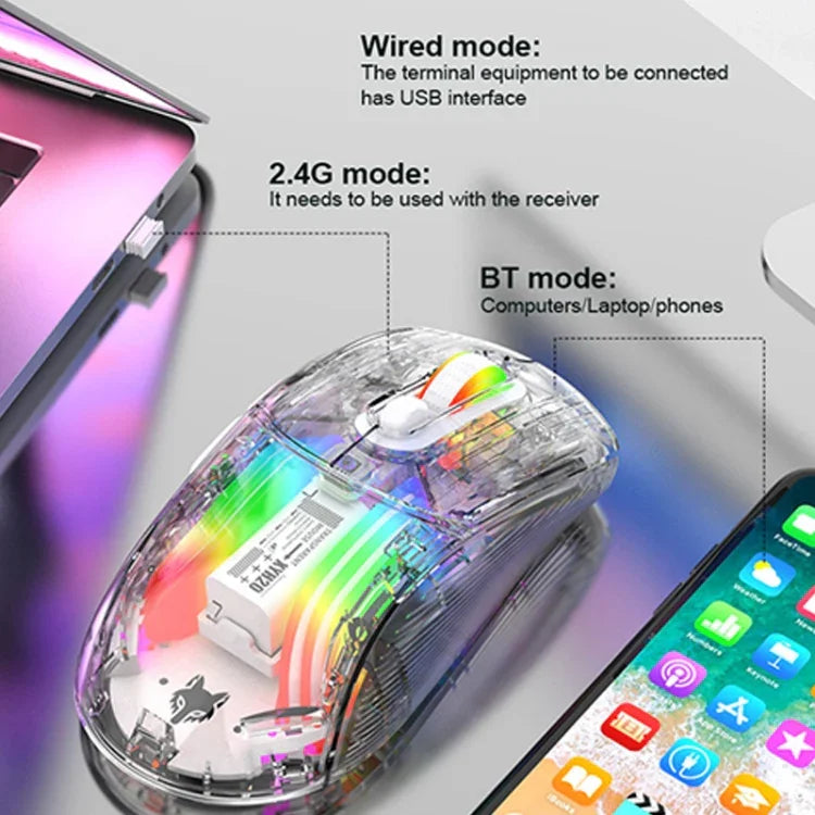 XUNFOX XYH20RGB 2.4G + BT + 유선 투명 2400DPI RGB 라이트 게이밍 마우스, 2.4G + BT + 유선