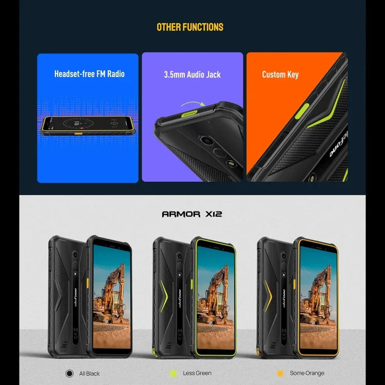 Ulefone Armor X12, 러기드 폰, 얼굴 인식, 5.45인치 Android 13 Go MediaTek Helio A22 쿼드 코어, 네트워크: 4G, NFC, 3GB+32GB