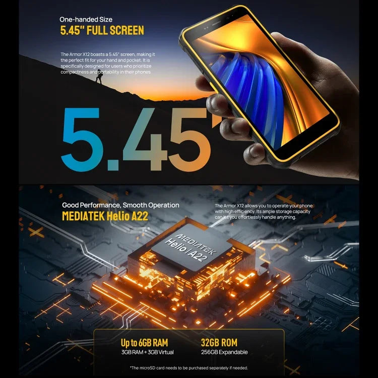 Ulefone Armor X12, 러기드 폰, 얼굴 인식, 5.45인치 Android 13 Go MediaTek Helio A22 쿼드 코어, 네트워크: 4G, NFC, 3GB+32GB