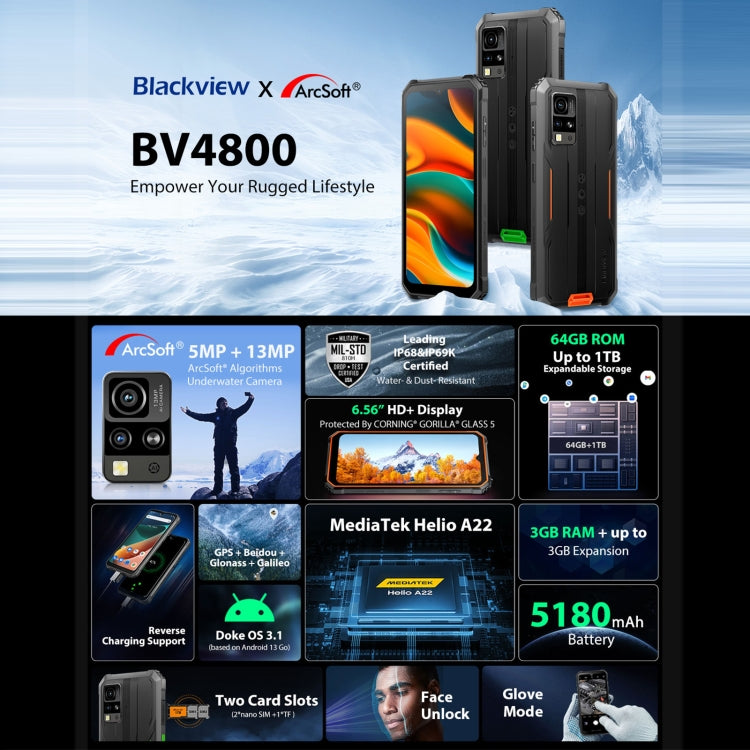 Blackview BV4800, IP68/IP69K/MIL-STD-810H, 6.56인치 Android 13 MediaTek MT6761V/WB Helio A22 쿼드 코어, 네트워크: 4G, OTG, BV4800 3GB+64GB
