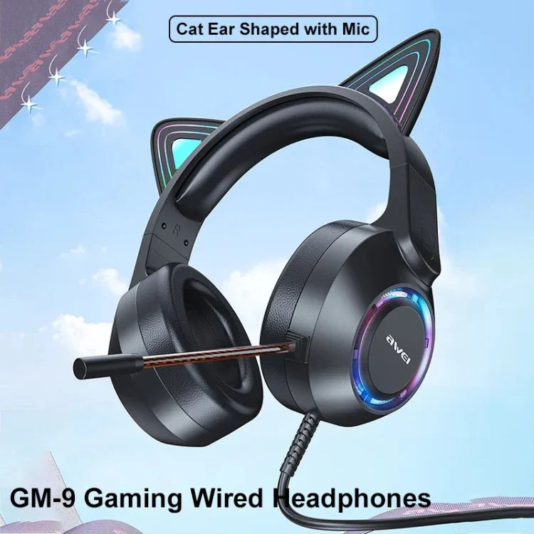 AWEI GM-9 고양이 귀 컬러풀 라이트 유선 게이밍 헤드셋 마이크 포함, GM-9