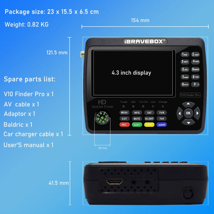 iBRAVEBOX V10 Finder Max 4.3인치 디스플레이 디지털 위성 미터 신호 탐지기, DVB-S/S2/S2X 지원, EU 플러그, US 플러그, UK 플러그, AU 플러그
