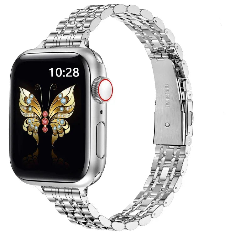 슬림 세븐 비드 슬링샷 버클 메탈 시계 밴드, Apple Watch SE 2023 44mm용, Apple Watch SE 2023 40mm용, Apple Watch Ultra 2 49mm용, Apple Watch Series 9 45mm용, Apple Watch Series 9 41mm용, Apple Watch Ultra 49mm용