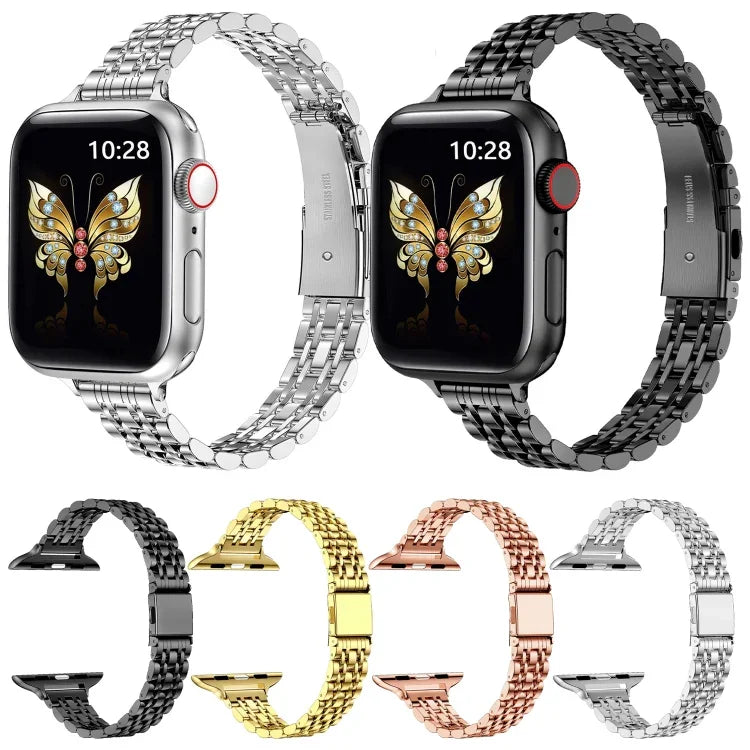 슬림 세븐 비드 슬링샷 버클 메탈 시계 밴드, Apple Watch SE 2023 44mm용, Apple Watch SE 2023 40mm용, Apple Watch Ultra 2 49mm용, Apple Watch Series 9 45mm용, Apple Watch Series 9 41mm용, Apple Watch Ultra 49mm용