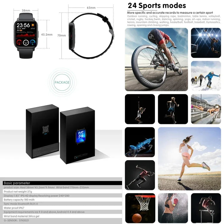 QS16 Pro 1.83인치 BT5.0 스마트 스포츠 워치, 블루투스 통화 / 수면 / 혈중 산소 / 체온 / 심박수 / 혈압 건강 모니터 지원