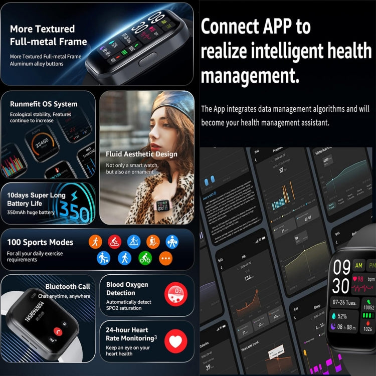 GS6 1.69 inch Runmefit  Pressure MET BT Call Smart Watch, Heart Rate / Blood Pressure / Body Temperature