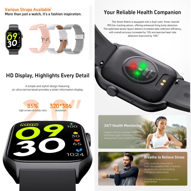 GS7 2.0 inch Fitness Health Smart Watch, BT Call / Heart Rate / Blood Pressure / MET