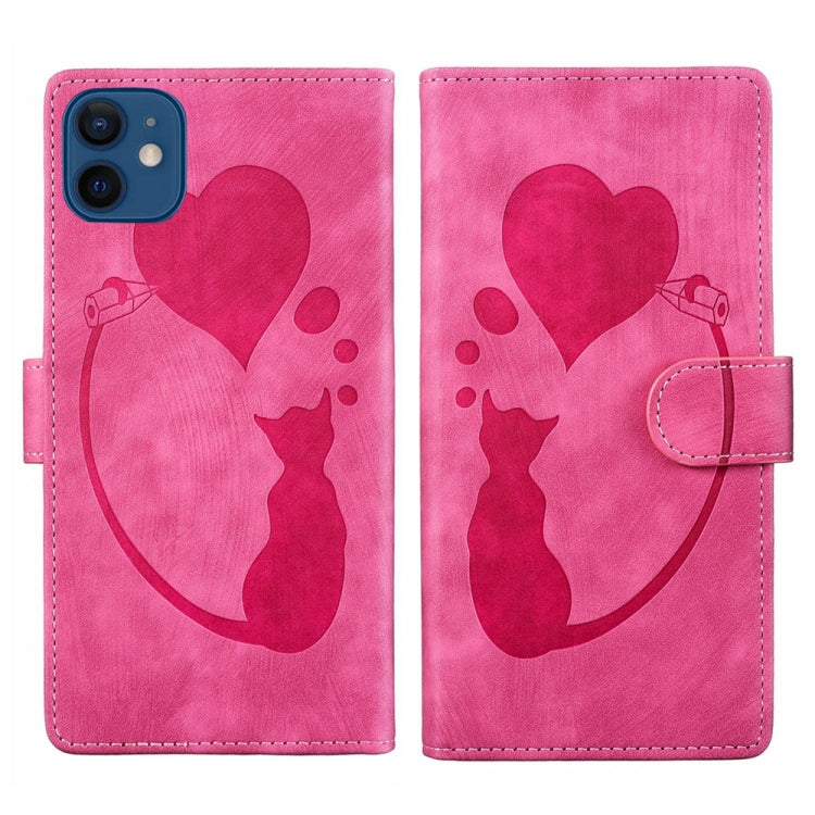 펜 하트 고양이 엠보싱 가죽 휴대폰 케이스, iPhone 13 mini용, iPhone 12용, iPhone 12 Pro Max용, iPhone 12 Pro용, iPhone 12 mini용, iPhone 11 Pro Max용, iPhone 11용, iPhone 11 Pro용