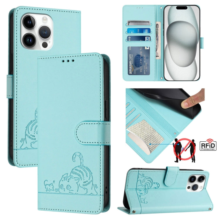 고양이 쥐 엠보스 패턴 RFID 가죽 휴대폰 케이스 스트랩 포함, 아이폰 17 Pro Max용, 아이폰 17 Pro용, 아이폰 17용, 아이폰 Air용, 아이폰 SE 2024용, 아이폰 15 Pro Max용, 아이폰 15 Pro용, 아이폰 15 Plus용