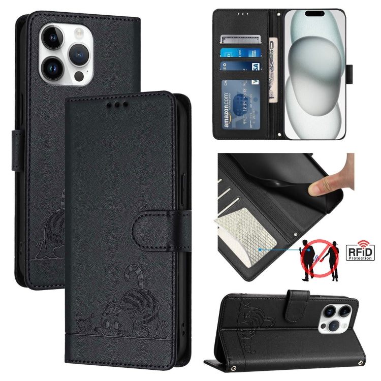 고양이 쥐 엠보스 패턴 RFID 가죽 휴대폰 케이스 스트랩 포함, 아이폰 17 Pro Max용, 아이폰 17 Pro용, 아이폰 17용, 아이폰 Air용, 아이폰 SE 2024용, 아이폰 15 Pro Max용, 아이폰 15 Pro용, 아이폰 15 Plus용