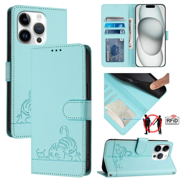 고양이 쥐 엠보스 패턴 RFID 가죽 휴대폰 케이스 스트랩 포함, 아이폰 17 Pro Max용, 아이폰 17 Pro용, 아이폰 17용, 아이폰 Air용, 아이폰 SE 2024용, 아이폰 15 Pro Max용, 아이폰 15 Pro용, 아이폰 15 Plus용
