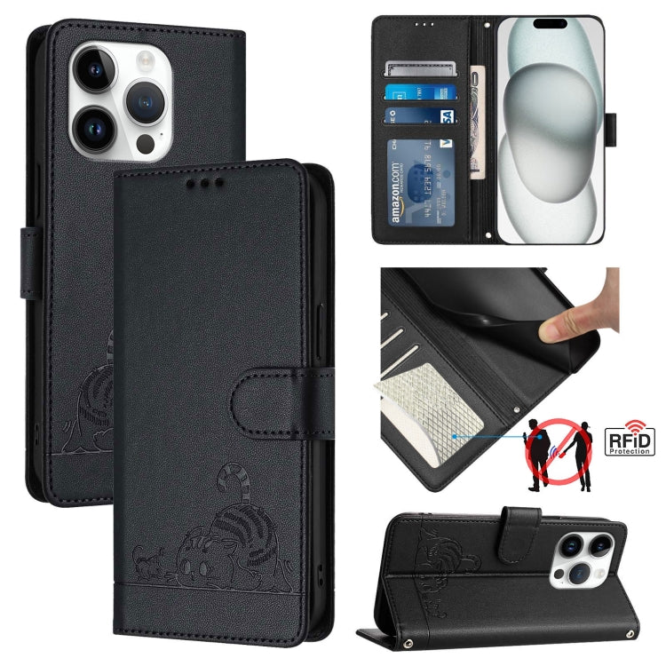 고양이 쥐 엠보스 패턴 RFID 가죽 휴대폰 케이스 스트랩 포함, 아이폰 17 Pro Max용, 아이폰 17 Pro용, 아이폰 17용, 아이폰 Air용, 아이폰 SE 2024용, 아이폰 15 Pro Max용, 아이폰 15 Pro용, 아이폰 15 Plus용