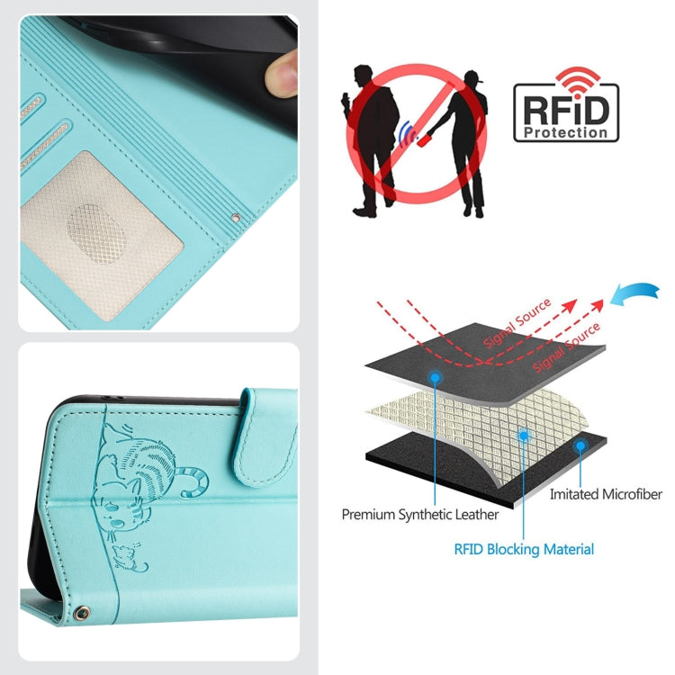 고양이 쥐 엠보스드 패턴 RFID 가죽 폰 케이스 목걸이 끈 포함, iPhone 13 mini용, iPhone 12/12 Pro용, iPhone 12 Pro Max용, iPhone 12 mini용, iPhone 11 Pro Max용, iPhone 11용, iPhone 11 Pro용, iPhone XS / X용