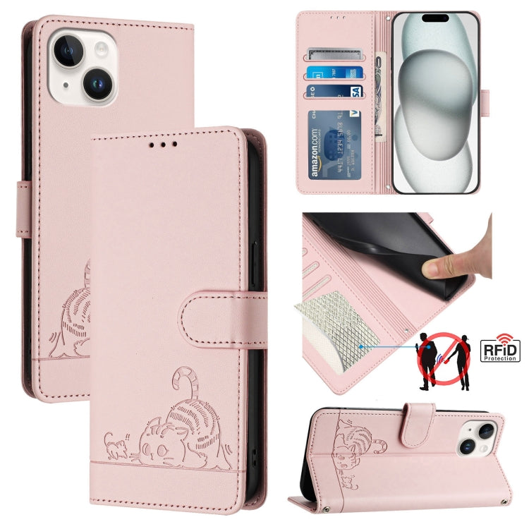 고양이 쥐 엠보스드 패턴 RFID 가죽 폰 케이스 목걸이 끈 포함, iPhone 13 mini용, iPhone 12/12 Pro용, iPhone 12 Pro Max용, iPhone 12 mini용, iPhone 11 Pro Max용, iPhone 11용, iPhone 11 Pro용, iPhone XS / X용