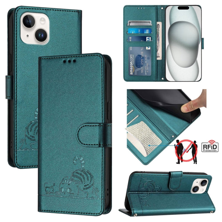 고양이 쥐 엠보스드 패턴 RFID 가죽 폰 케이스 목걸이 끈 포함, iPhone 13 mini용, iPhone 12/12 Pro용, iPhone 12 Pro Max용, iPhone 12 mini용, iPhone 11 Pro Max용, iPhone 11용, iPhone 11 Pro용, iPhone XS / X용