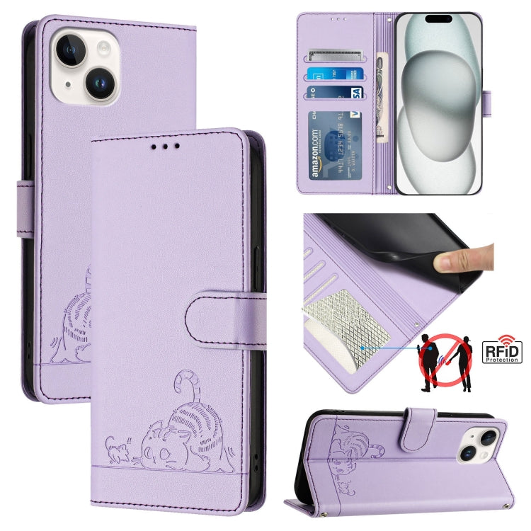 고양이 쥐 엠보스드 패턴 RFID 가죽 폰 케이스 목걸이 끈 포함, iPhone 13 mini용, iPhone 12/12 Pro용, iPhone 12 Pro Max용, iPhone 12 mini용, iPhone 11 Pro Max용, iPhone 11용, iPhone 11 Pro용, iPhone XS / X용