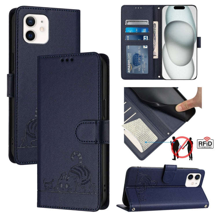 고양이 쥐 엠보스드 패턴 RFID 가죽 폰 케이스 목걸이 끈 포함, iPhone 13 mini용, iPhone 12/12 Pro용, iPhone 12 Pro Max용, iPhone 12 mini용, iPhone 11 Pro Max용, iPhone 11용, iPhone 11 Pro용, iPhone XS / X용