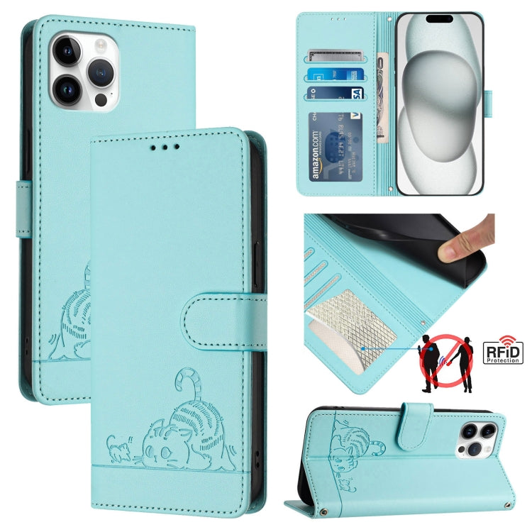 고양이 쥐 엠보스드 패턴 RFID 가죽 폰 케이스 목걸이 끈 포함, iPhone 13 mini용, iPhone 12/12 Pro용, iPhone 12 Pro Max용, iPhone 12 mini용, iPhone 11 Pro Max용, iPhone 11용, iPhone 11 Pro용, iPhone XS / X용