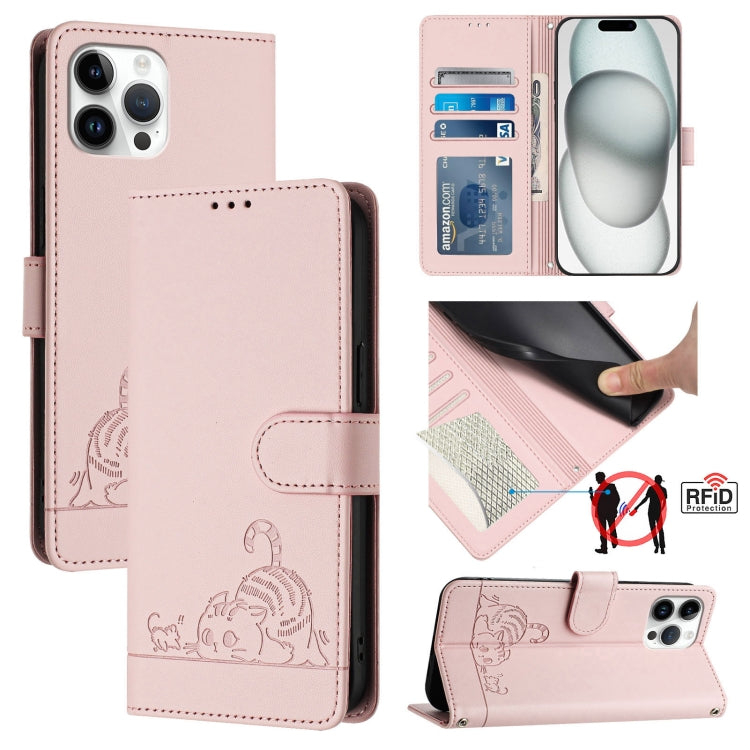 고양이 쥐 엠보스드 패턴 RFID 가죽 폰 케이스 목걸이 끈 포함, iPhone 13 mini용, iPhone 12/12 Pro용, iPhone 12 Pro Max용, iPhone 12 mini용, iPhone 11 Pro Max용, iPhone 11용, iPhone 11 Pro용, iPhone XS / X용