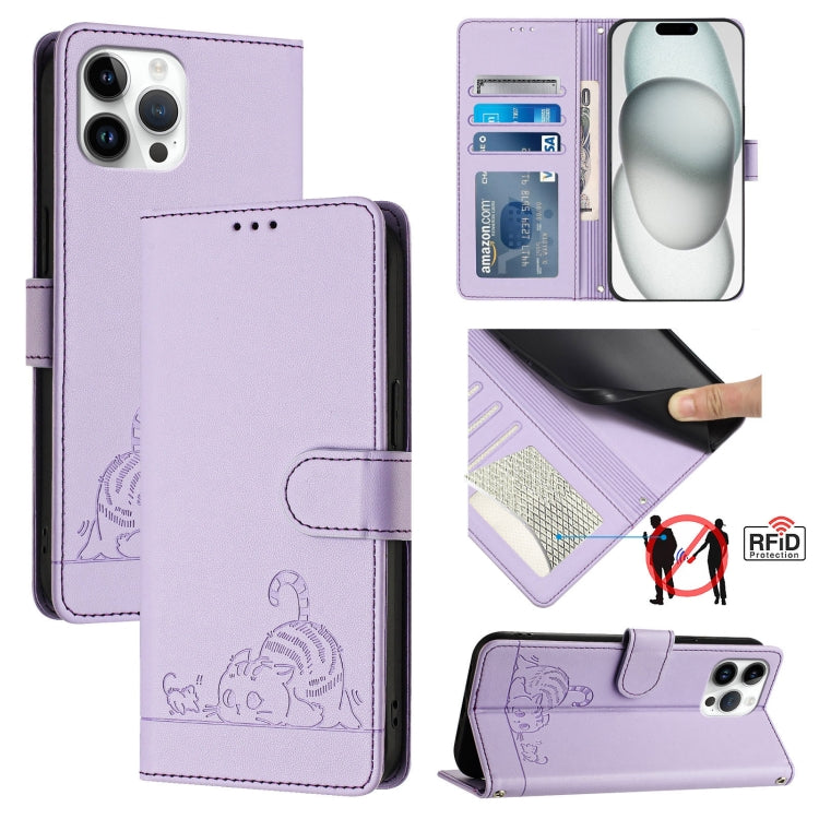 고양이 쥐 엠보스드 패턴 RFID 가죽 폰 케이스 목걸이 끈 포함, iPhone 13 mini용, iPhone 12/12 Pro용, iPhone 12 Pro Max용, iPhone 12 mini용, iPhone 11 Pro Max용, iPhone 11용, iPhone 11 Pro용, iPhone XS / X용