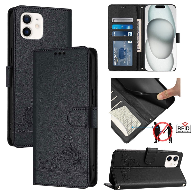 고양이 쥐 엠보스드 패턴 RFID 가죽 폰 케이스 목걸이 끈 포함, iPhone 13 mini용, iPhone 12/12 Pro용, iPhone 12 Pro Max용, iPhone 12 mini용, iPhone 11 Pro Max용, iPhone 11용, iPhone 11 Pro용, iPhone XS / X용