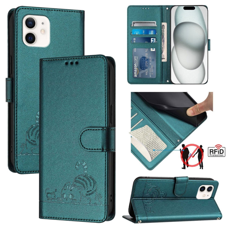 고양이 쥐 엠보스드 패턴 RFID 가죽 폰 케이스 목걸이 끈 포함, iPhone 13 mini용, iPhone 12/12 Pro용, iPhone 12 Pro Max용, iPhone 12 mini용, iPhone 11 Pro Max용, iPhone 11용, iPhone 11 Pro용, iPhone XS / X용