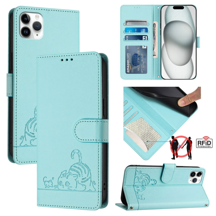 고양이 쥐 엠보스드 패턴 RFID 가죽 폰 케이스 목걸이 끈 포함, iPhone 13 mini용, iPhone 12/12 Pro용, iPhone 12 Pro Max용, iPhone 12 mini용, iPhone 11 Pro Max용, iPhone 11용, iPhone 11 Pro용, iPhone XS / X용