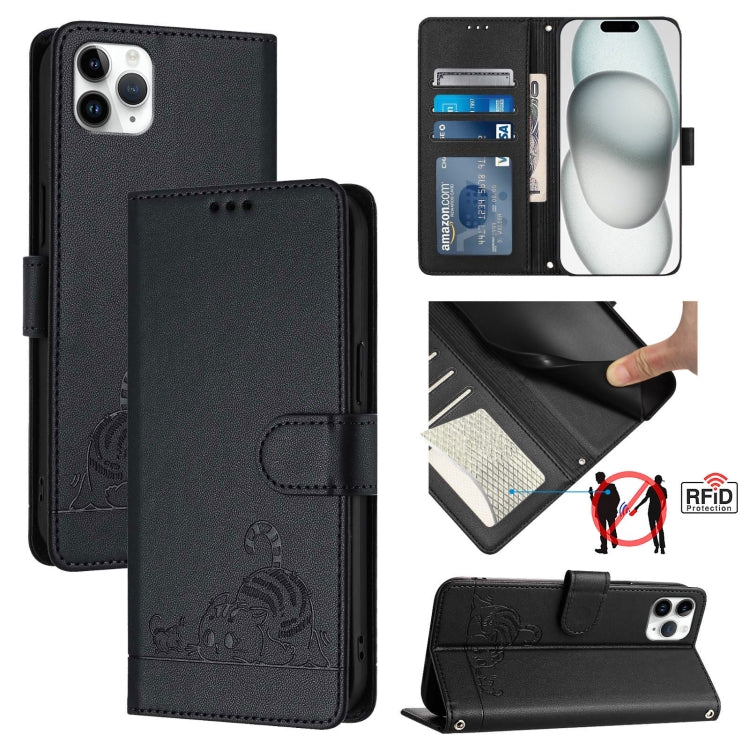 고양이 쥐 엠보스드 패턴 RFID 가죽 폰 케이스 목걸이 끈 포함, iPhone 13 mini용, iPhone 12/12 Pro용, iPhone 12 Pro Max용, iPhone 12 mini용, iPhone 11 Pro Max용, iPhone 11용, iPhone 11 Pro용, iPhone XS / X용